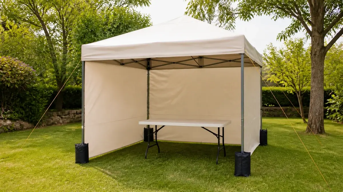 Pop-up-partytelt med sidevegger, barduner og vektede bein i en hage