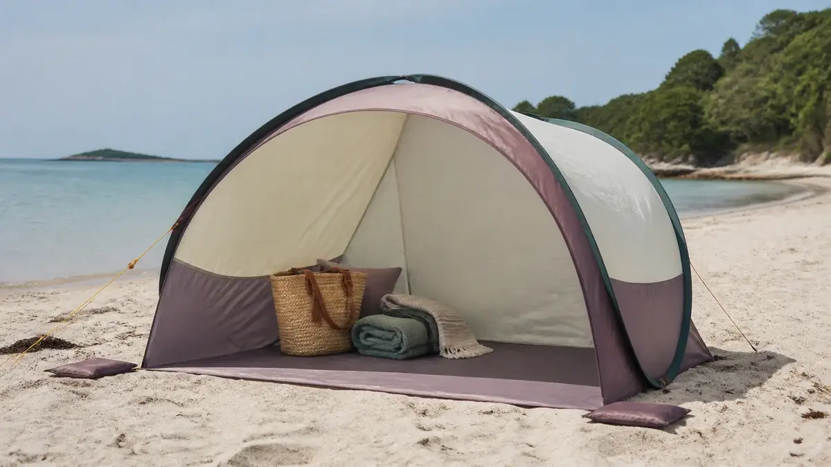 Pop-up UV-telt forankret i sanden med håndklær og strandveske i skyggen